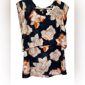 Cabi Blouse Blossom Floral Tiered Cap Sleeve Keyhole Back Navy Orange NWOT